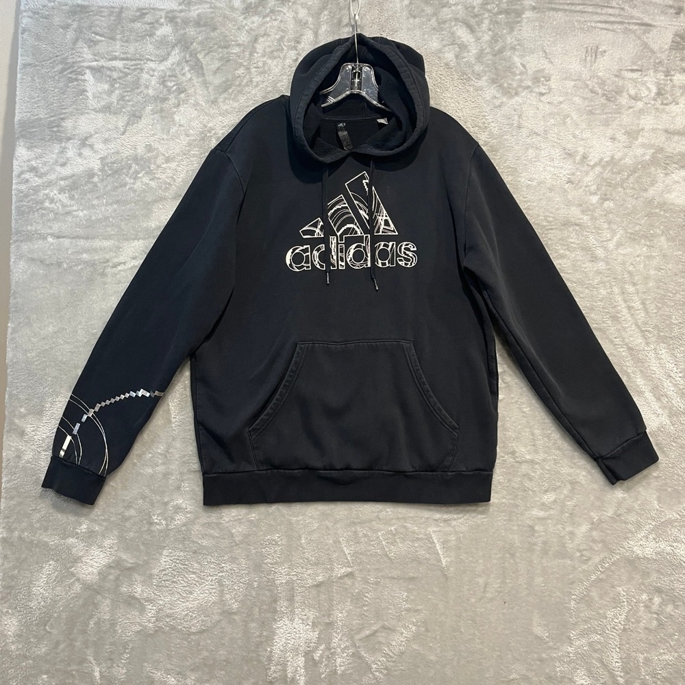 Adidas Hoodie Men XL Black Graphic Logo Fleece Pullover Distressed Faded